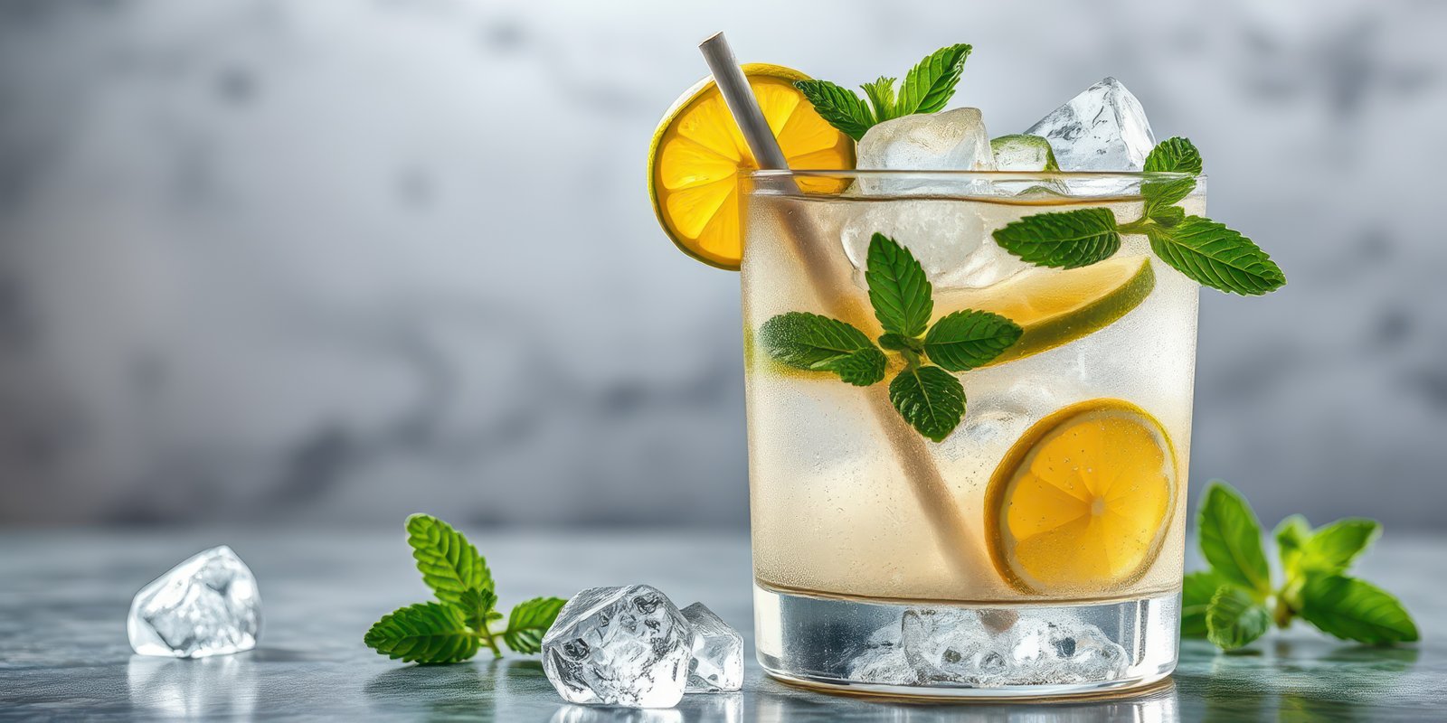 Refreshing lemon mint cocktail served with ice on a stylish bar counter in a bright setting